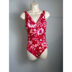 Vintage Gabar One‎ Piece Swimsuit Red/Pink Floral with Gold Accent Pre-owned